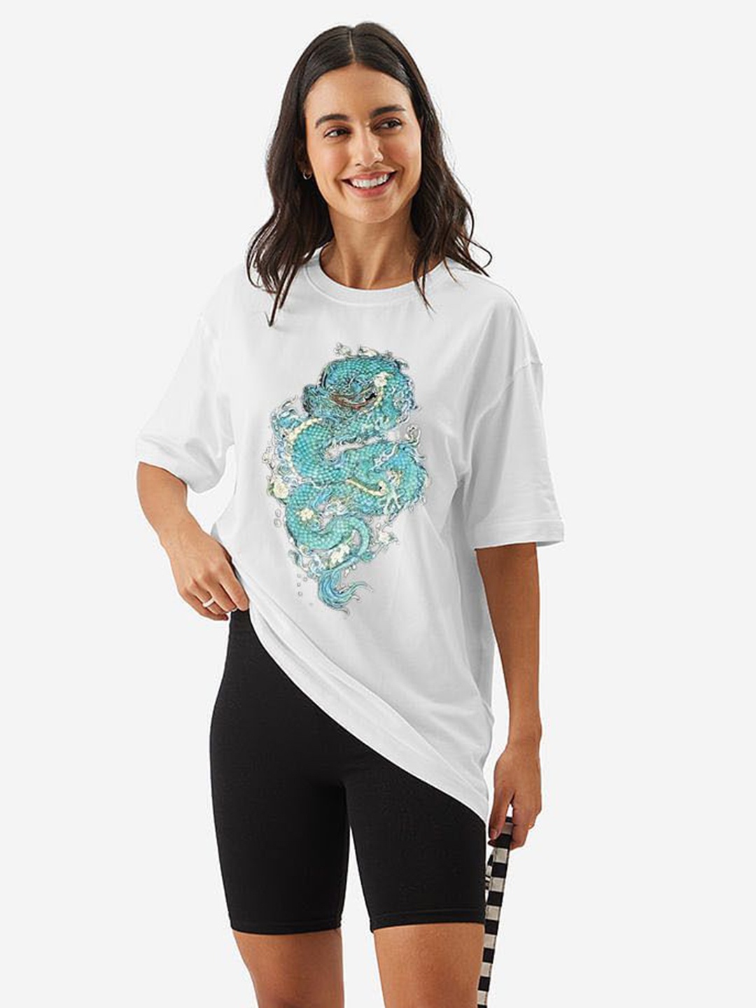 

TRENDY RABBIT Women Graphic Printed Round Neck Cotton Oversized T-shirt, White