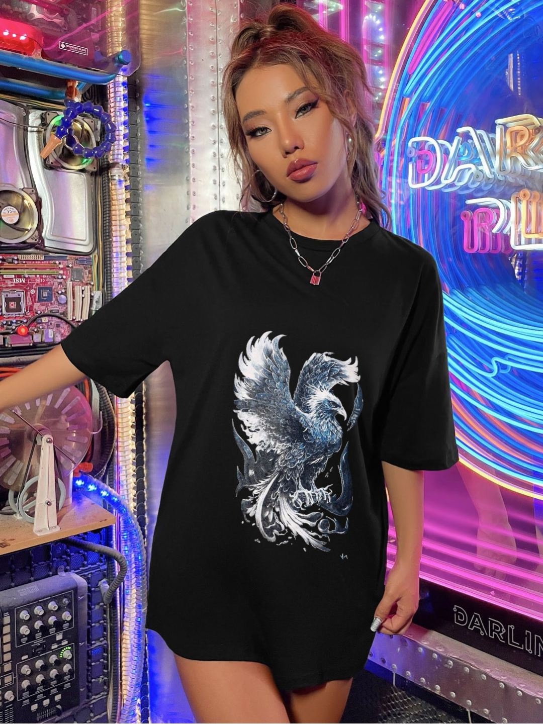 

TRENDY RABBIT Women Graphic Printed Round Neck Cotton Oversized T-shirt, Black