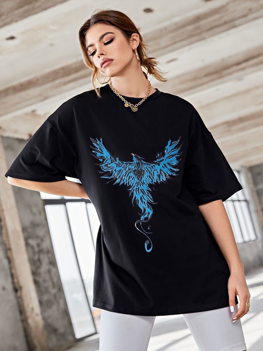

TRENDY RABBIT Women Graphic Printed Round Neck Cotton Oversized T-shirt, Black