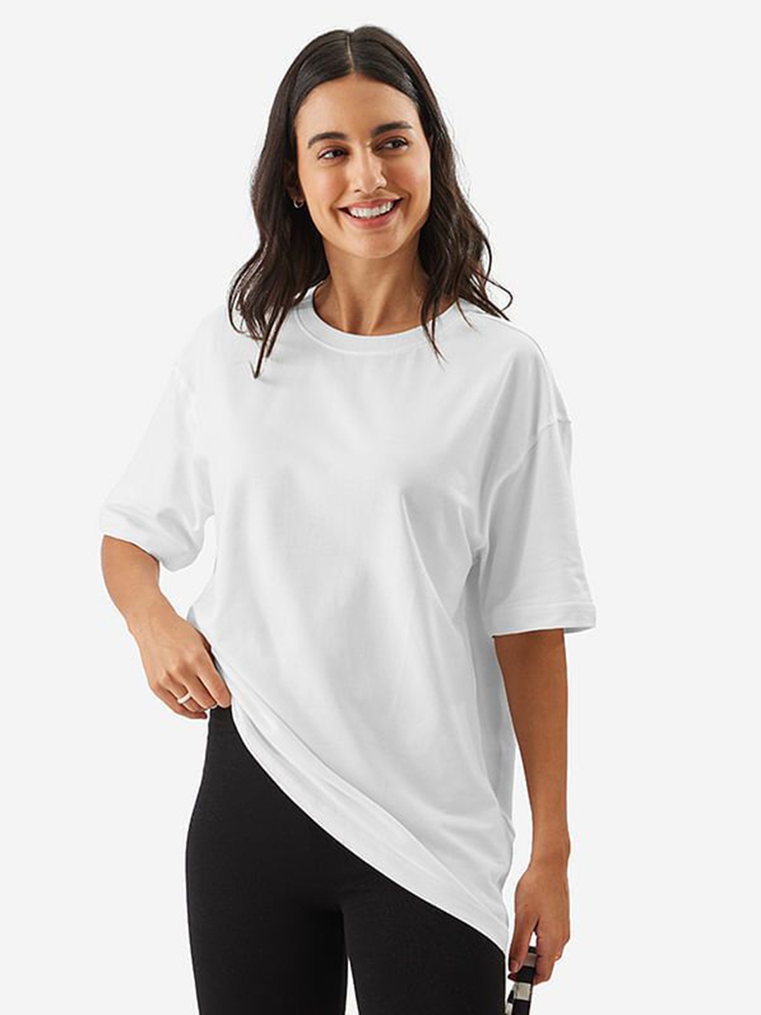 

TRENDY RABBIT Women Solid Round Neck Cotton Oversized T-shirt, White