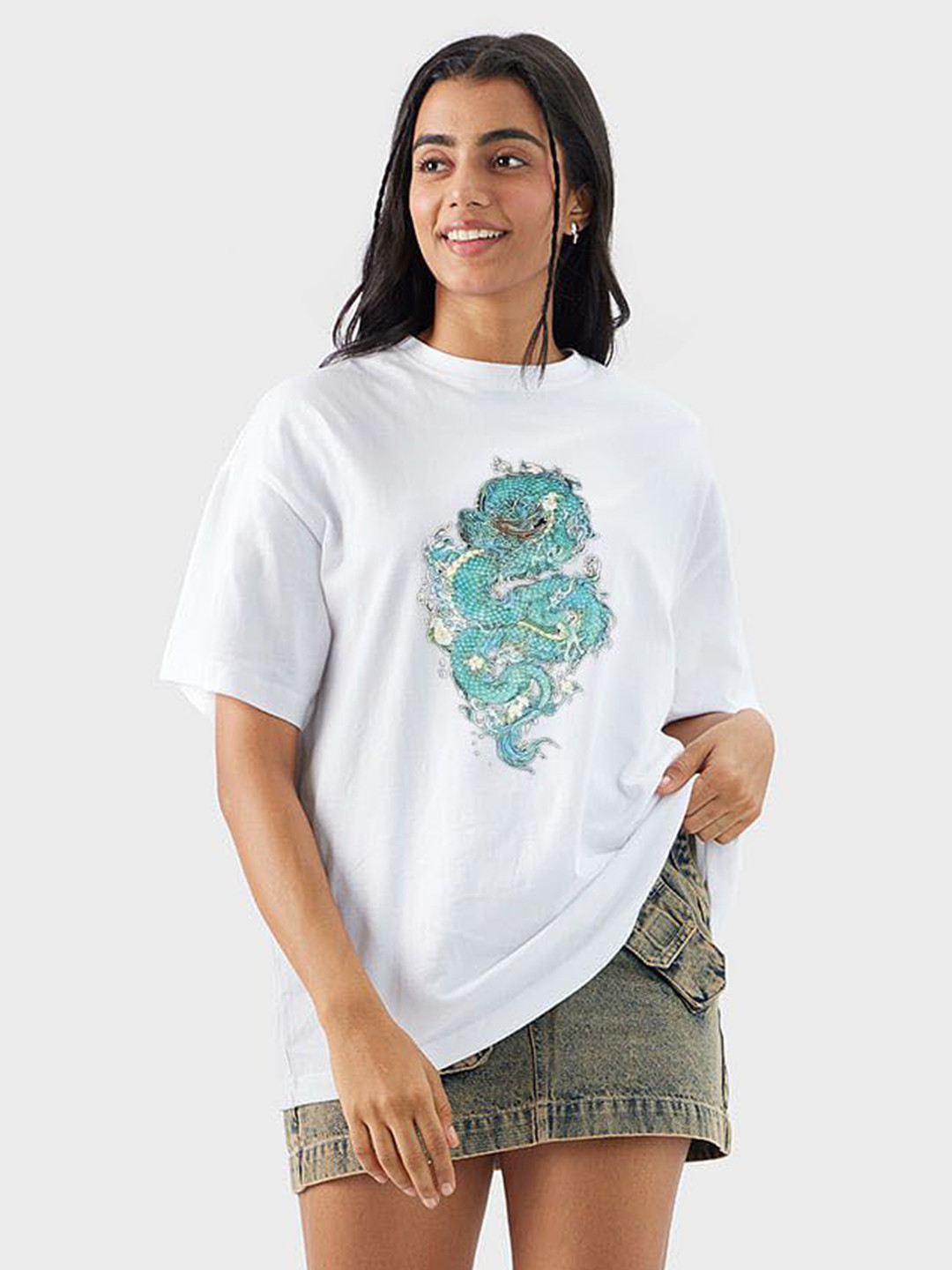 

TRENDY RABBIT Women Graphic Printed Round Neck Cotton Oversized T-shirt, White