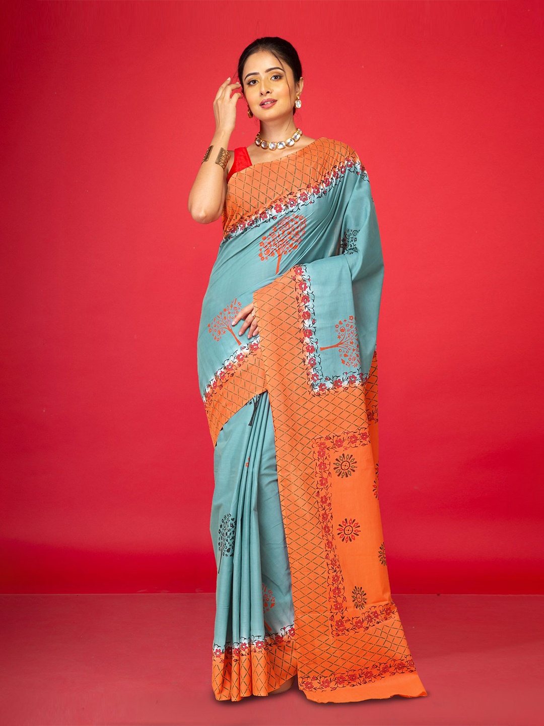 

Unnati Silks Ethnic Motifs Pure Cotton Handloom Block Print Saree, Green
