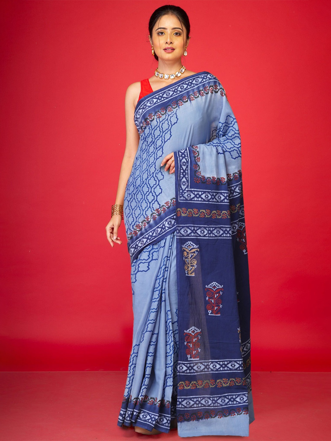

Unnati Silks Ethnic Motifs Pure Cotton Handloom Block Print Saree, Blue