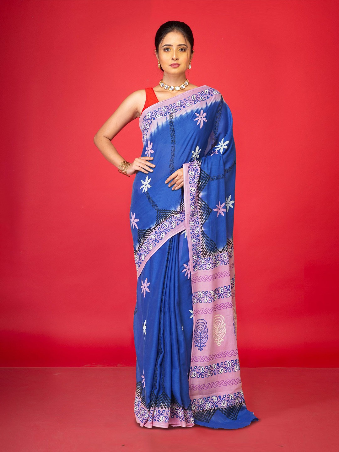 

Unnati Silks Ethnic Motifs Pure Cotton Handloom Block Print Saree, Blue