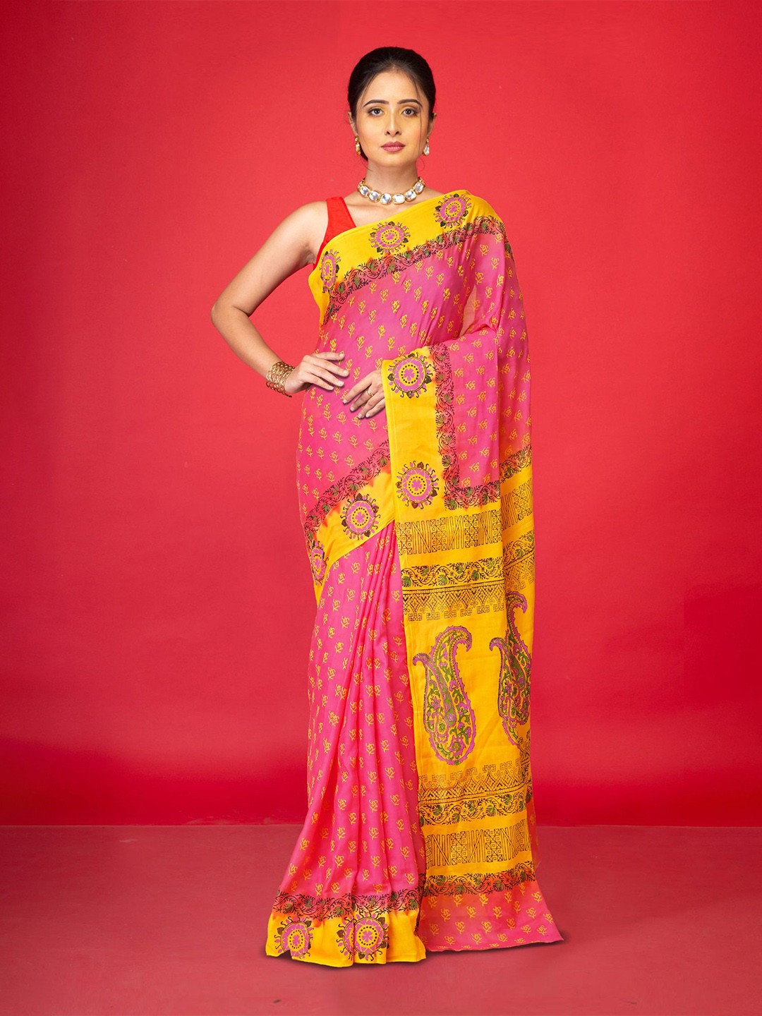 

Unnati Silks Ethnic Motifs Pure Cotton Handloom Block Print Saree, Pink