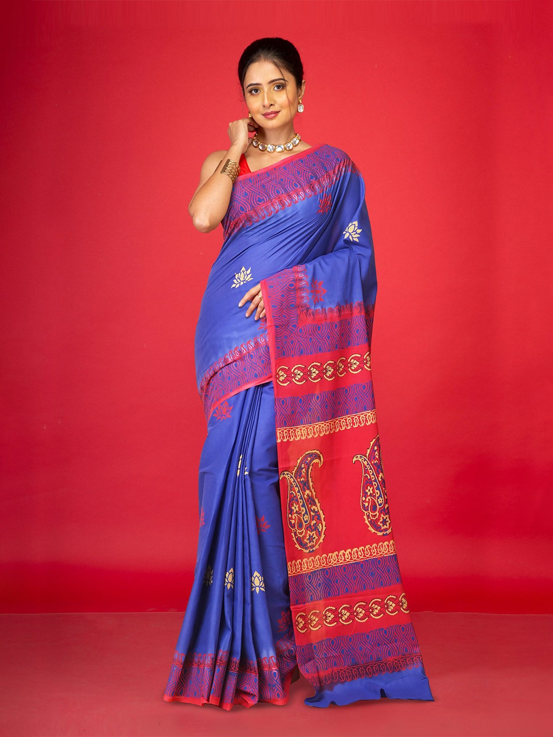 

Unnati Silks Ethnic Motifs Pure Cotton Handloom Block Print Saree, Blue