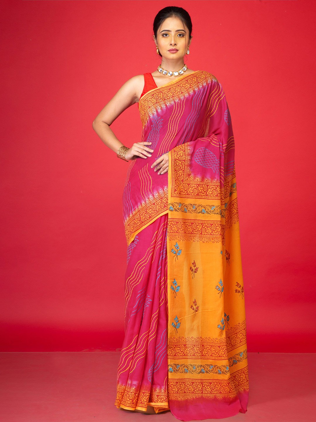 

Unnati Silks Ethnic Motifs Pure Cotton Handloom Block Print Saree, Pink