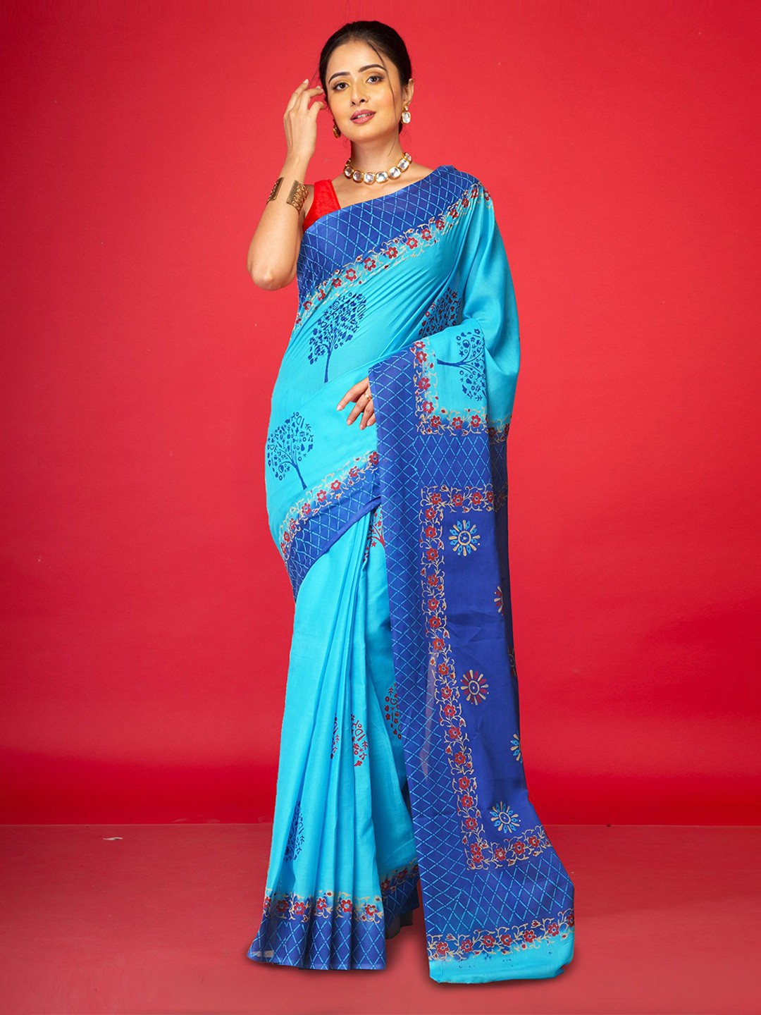 

Unnati Silks Ethnic Motifs Pure Cotton Handloom Block Print Saree, Blue