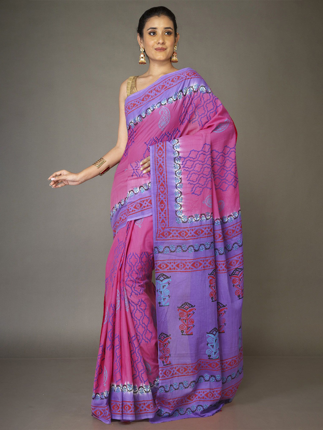 

Unnati Silks Ethnic Motifs Pure Cotton Handloom Block Print Saree, Pink