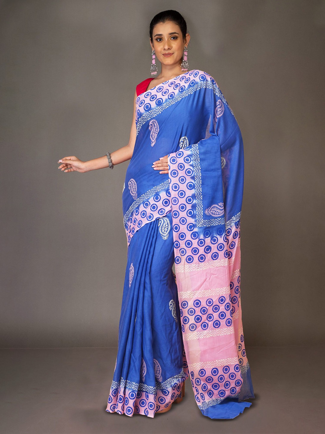 

Unnati Silks Ethnic Motifs Pure Cotton Handloom Block Print Saree, Blue