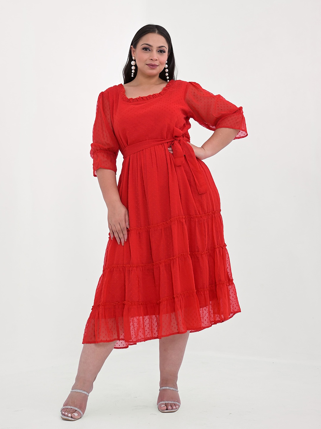 

KALINI Plus Size Georgette Tiered Fit & Flare Midi Dress, Red