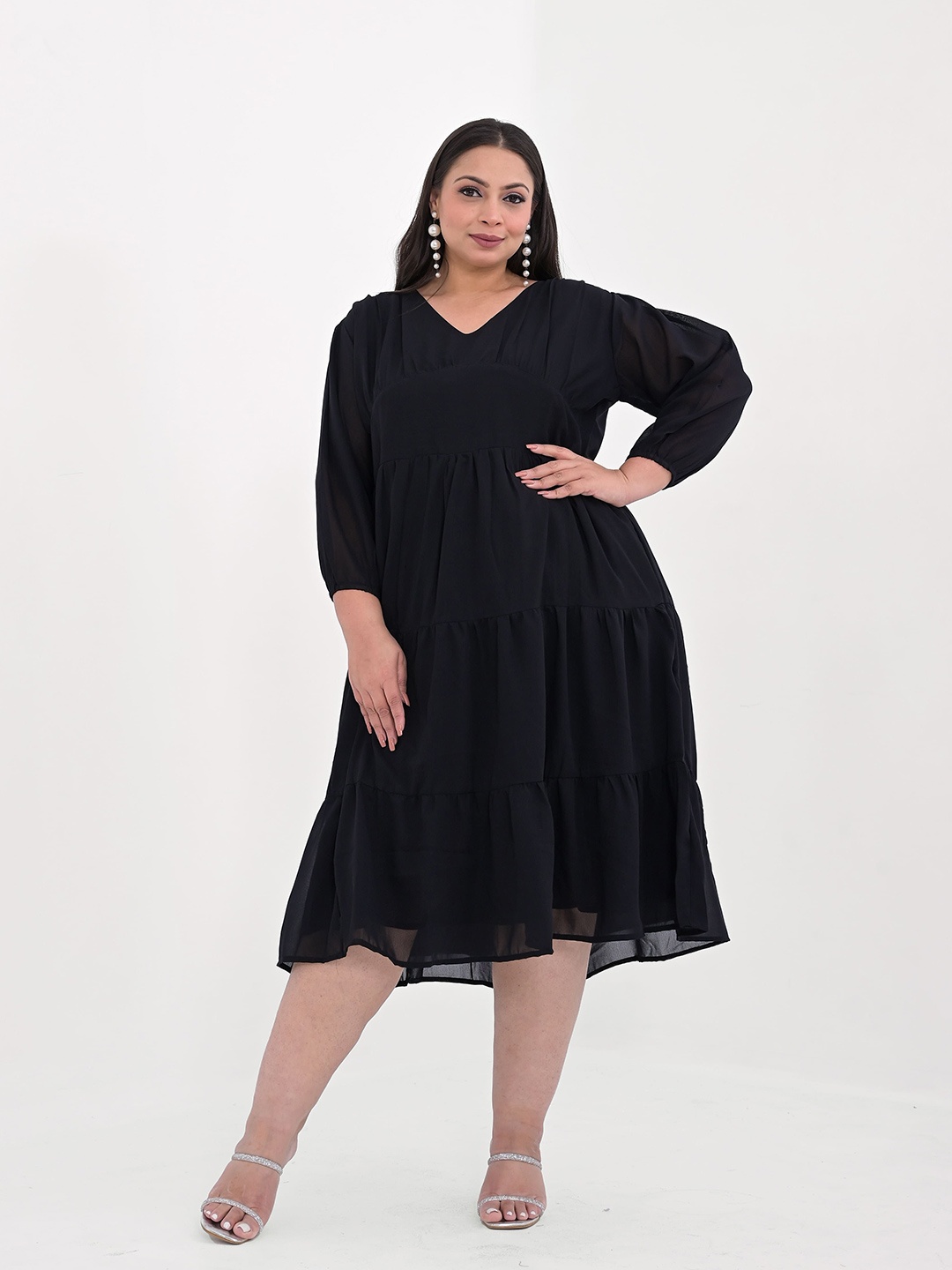 

KALINI Puff Sleeve Georgette Fit & Flare Midi Dress, Black