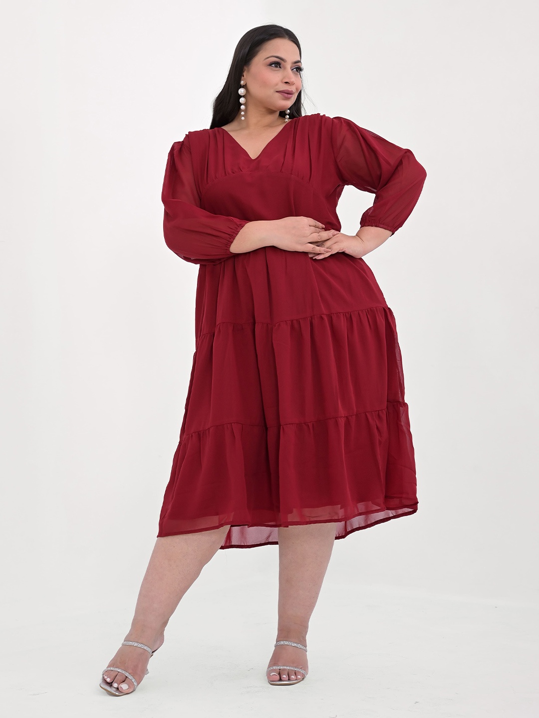 

KALINI Plus Size Puff Sleeve Georgette Tiered Empire Midi Dress, Maroon