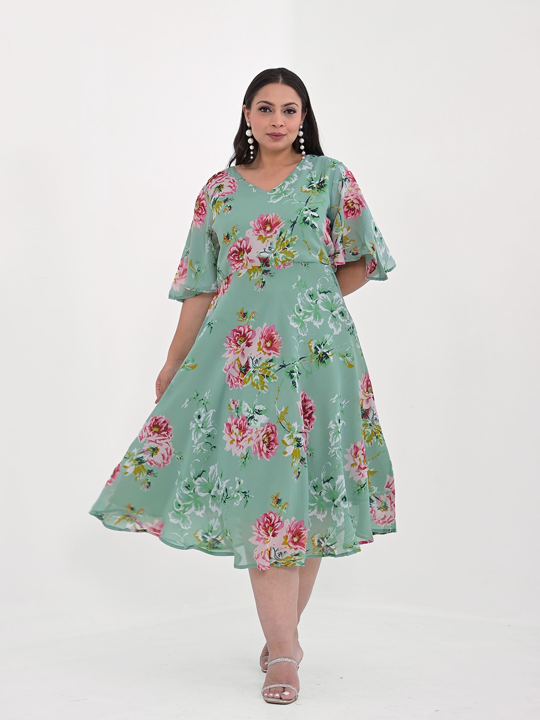 

KALINI Floral Print Flared Sleeve Georgette Fit & Flare Midi Plus Size Dress, Sea green