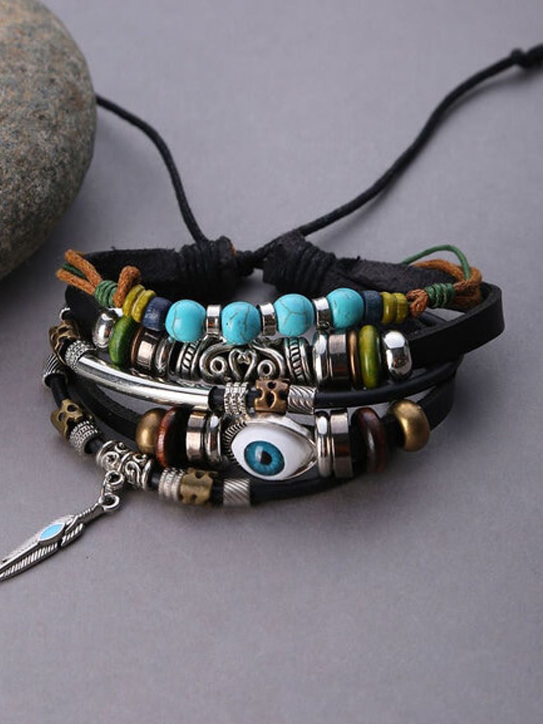 

Krelin Men Beaded Stainless Steel Antique Multistrand Bracelet, Black