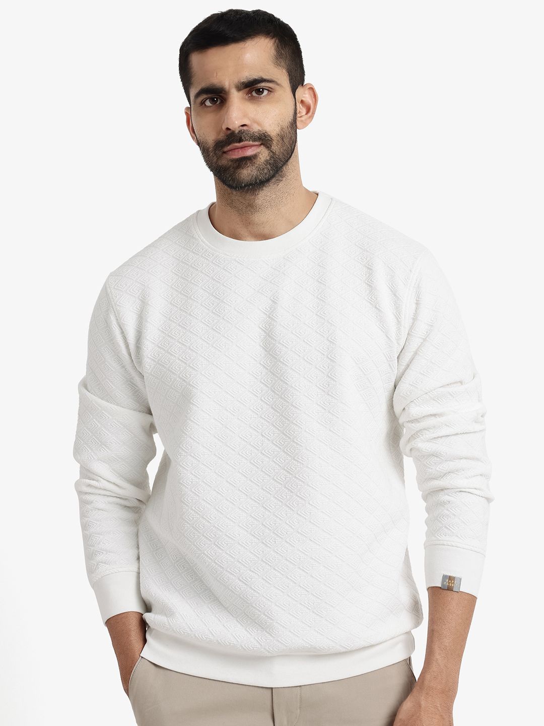 

RARE RABBIT Men Solid Round Neck Pullover Sweatshirt, Off white
