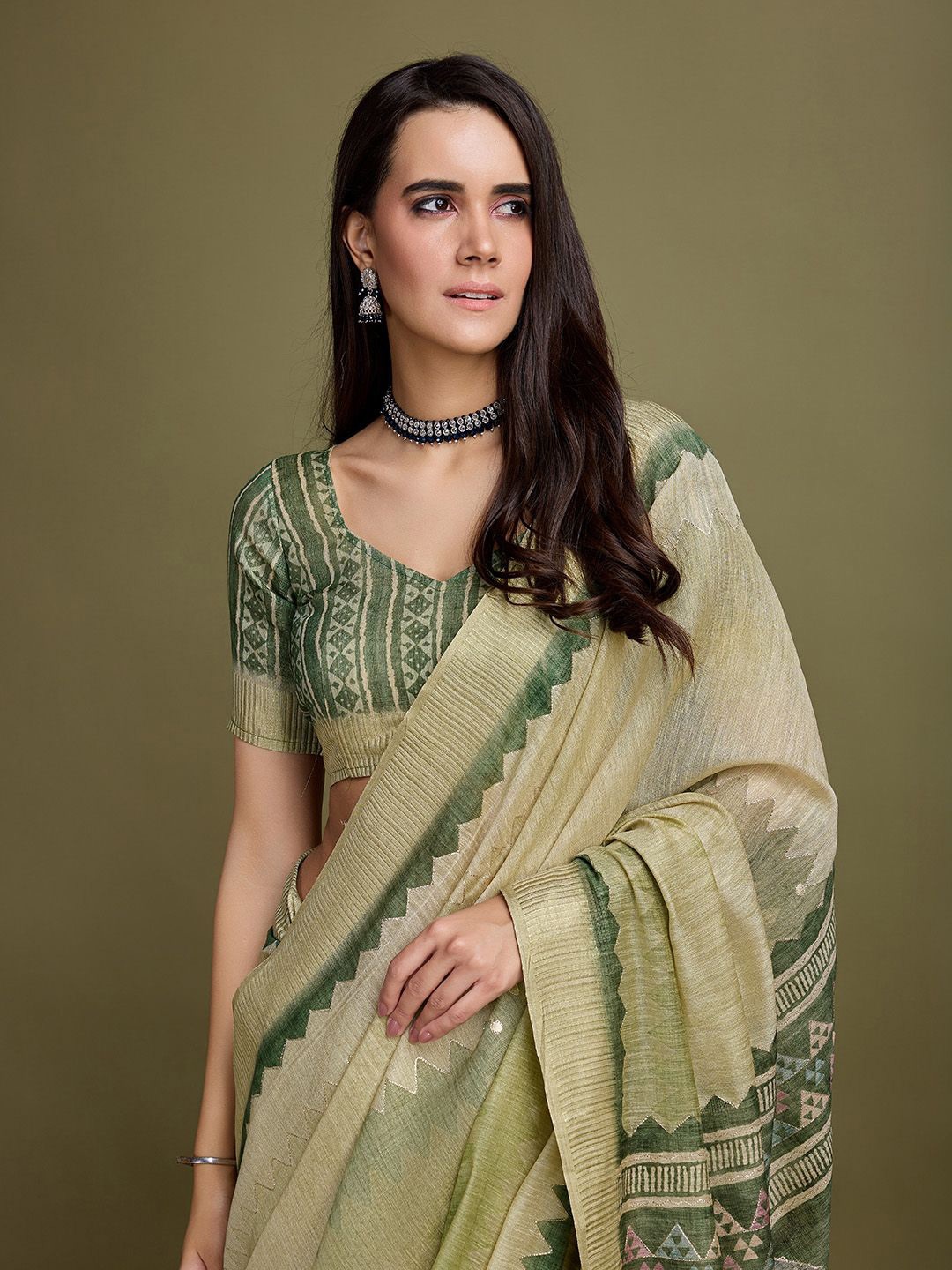 

Mitera Aari Work Tissue Saree, Lime green