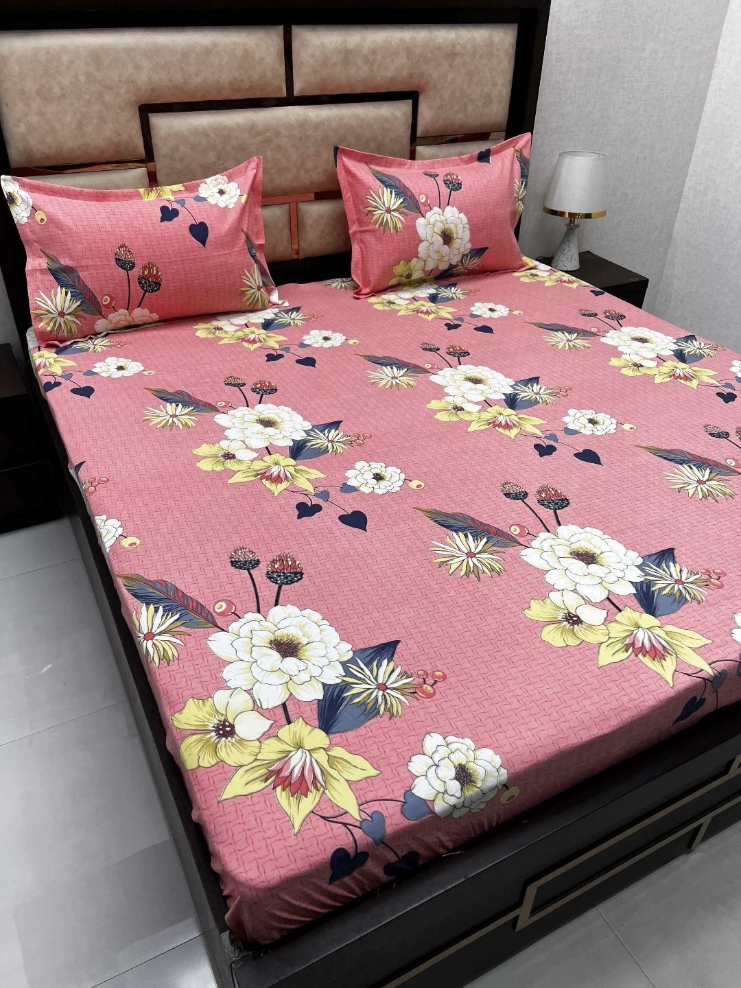 

Pure Decor Pink & Yellow Floral Cotton Fitted King Bedsheet with 2 Pillow Covers