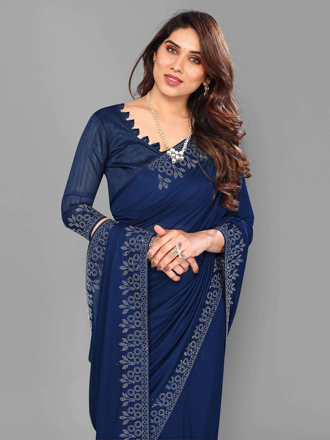 

ejoty fashion Beads and Stones Embellished Saree, Navy blue