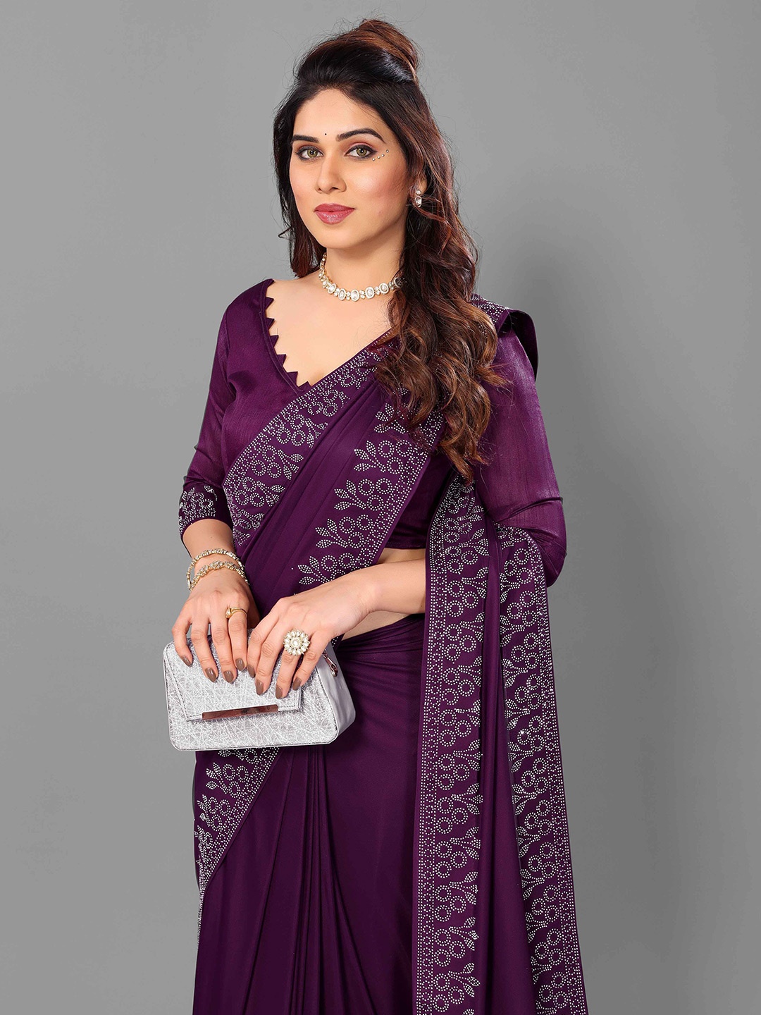 

ejoty fashion Embellished Beads and Stones Saree, Magenta