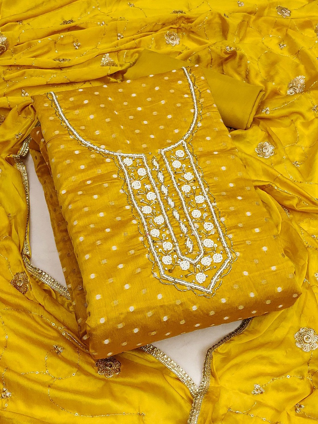 

MAHALASA Floral Embroidered Unstitched Dress Material, Yellow