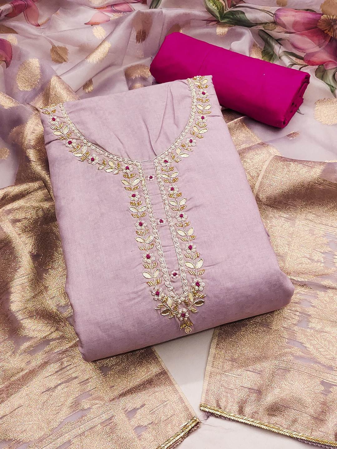 

MAHALASA Floral Embroidered Unstitched Dress Material, Purple