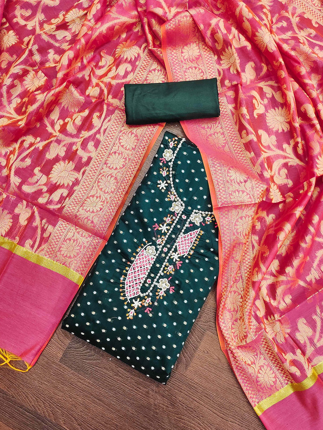 

MAHALASA Ethnic Motifs Woven Design Thread Work Unstitched Dress Material, Green