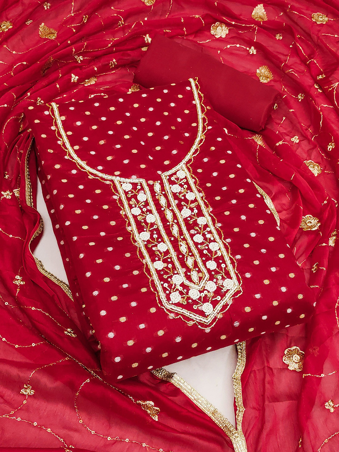 

MAHALASA Floral Embroidered Beads and Stones Unstitched Dress Material, Red