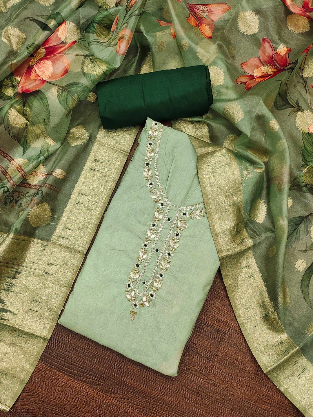 

MAHALASA Floral Embroidered Unstitched Dress Material, Green