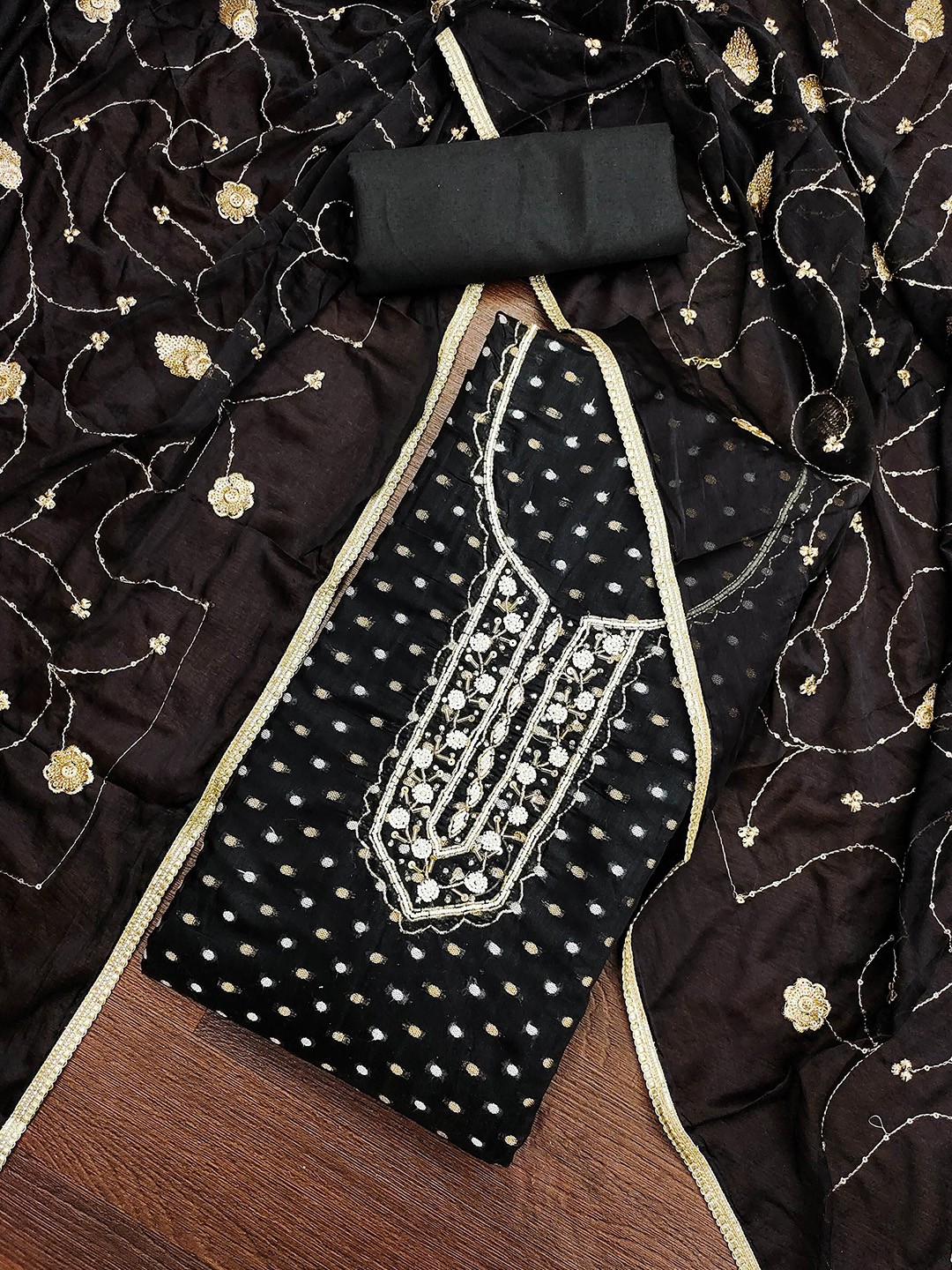 

MAHALASA Floral Embroidered Unstitched Dress Material, Black