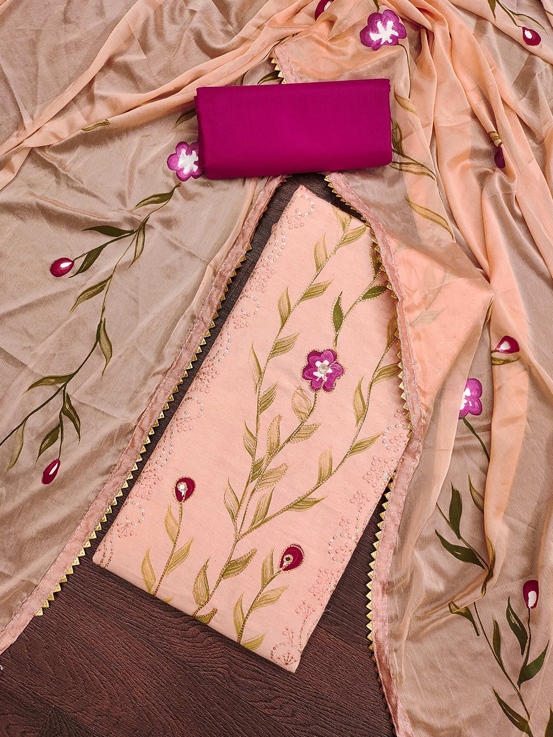 

MAHALASA Floral Embroidered Beads and Stones Unstitched Dress Material, Peach