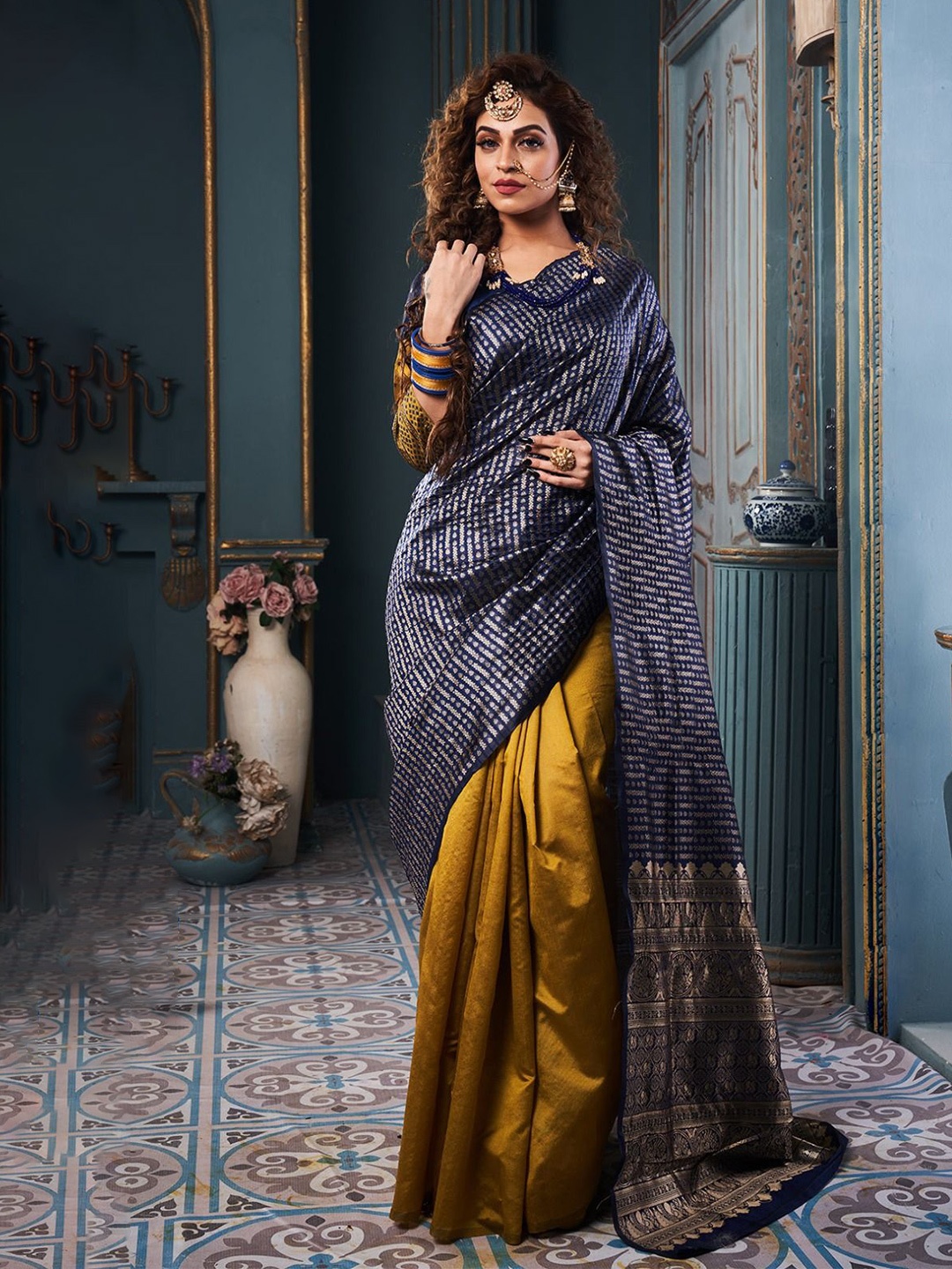 

Upalksh Zari Woven Striped Banarasi Saree, Mustard