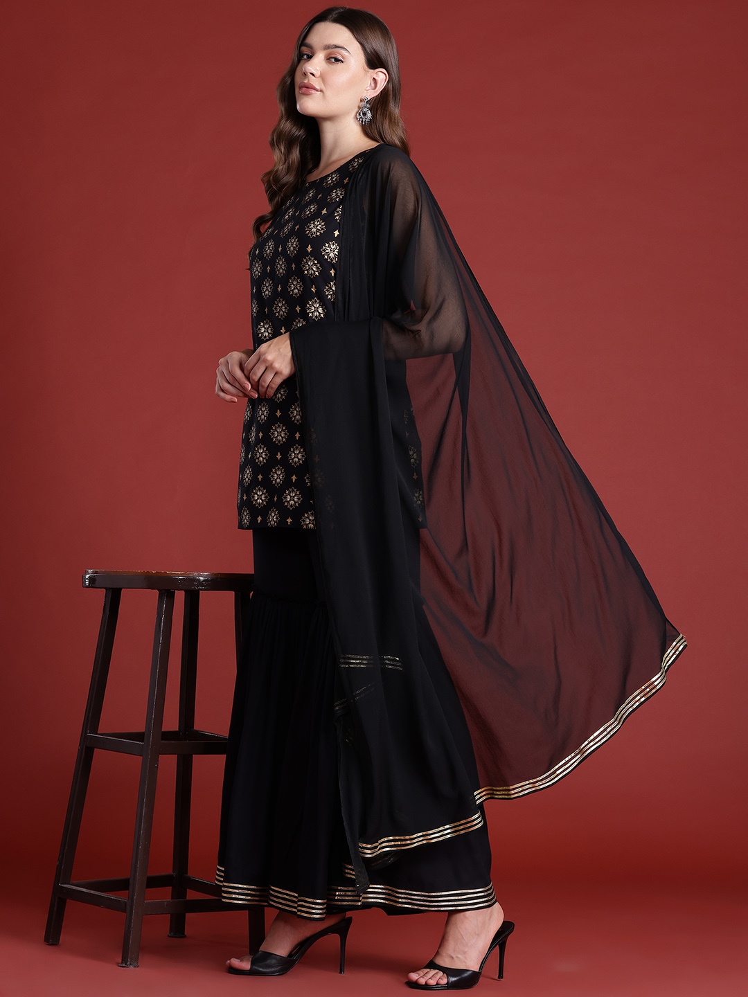 

all about you Floral Printed Kurti With Sharara & Dupatta, Black