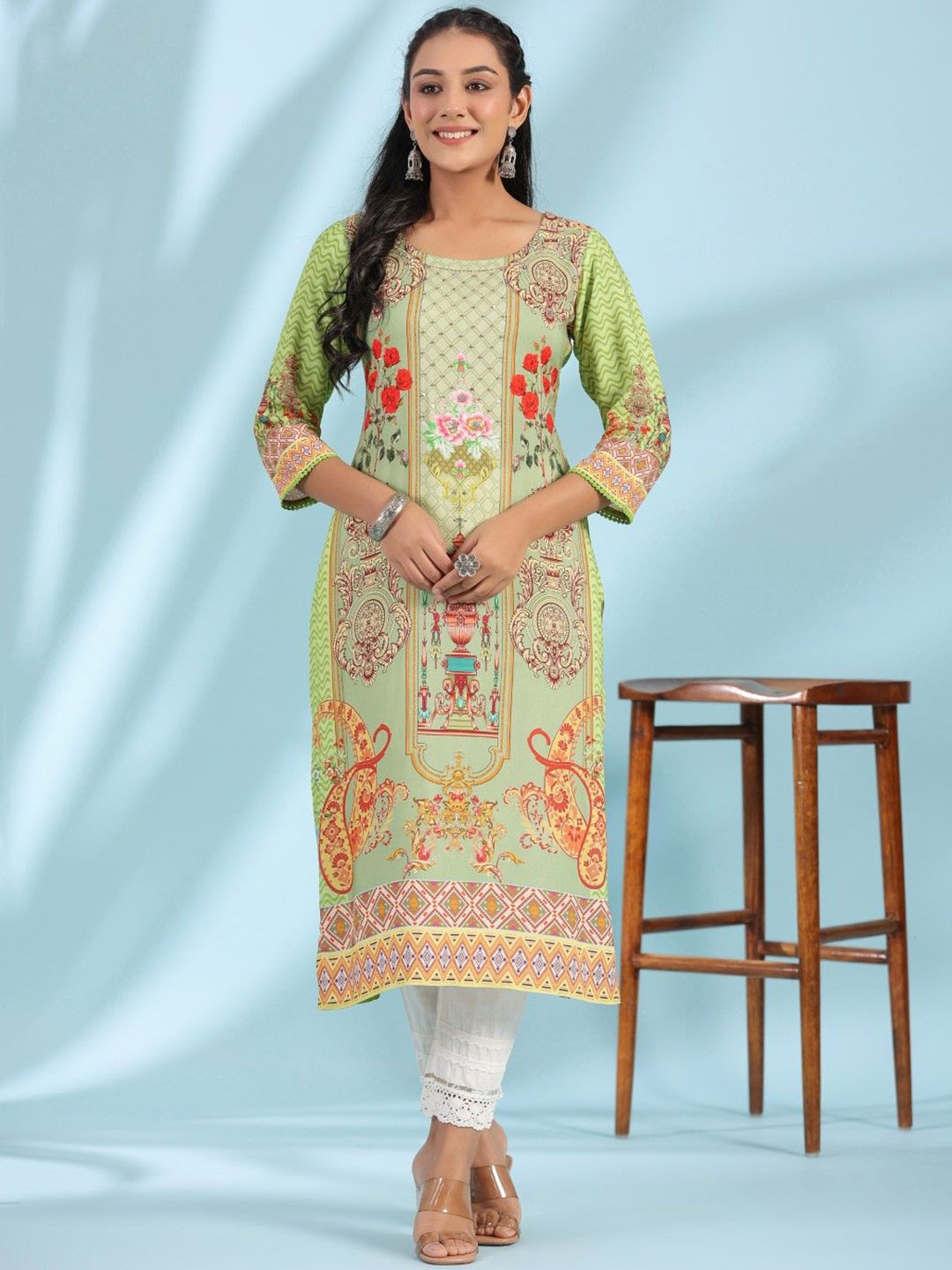 

Juniper Floral Printed Round Neck Sequined Straight Kurta, Green