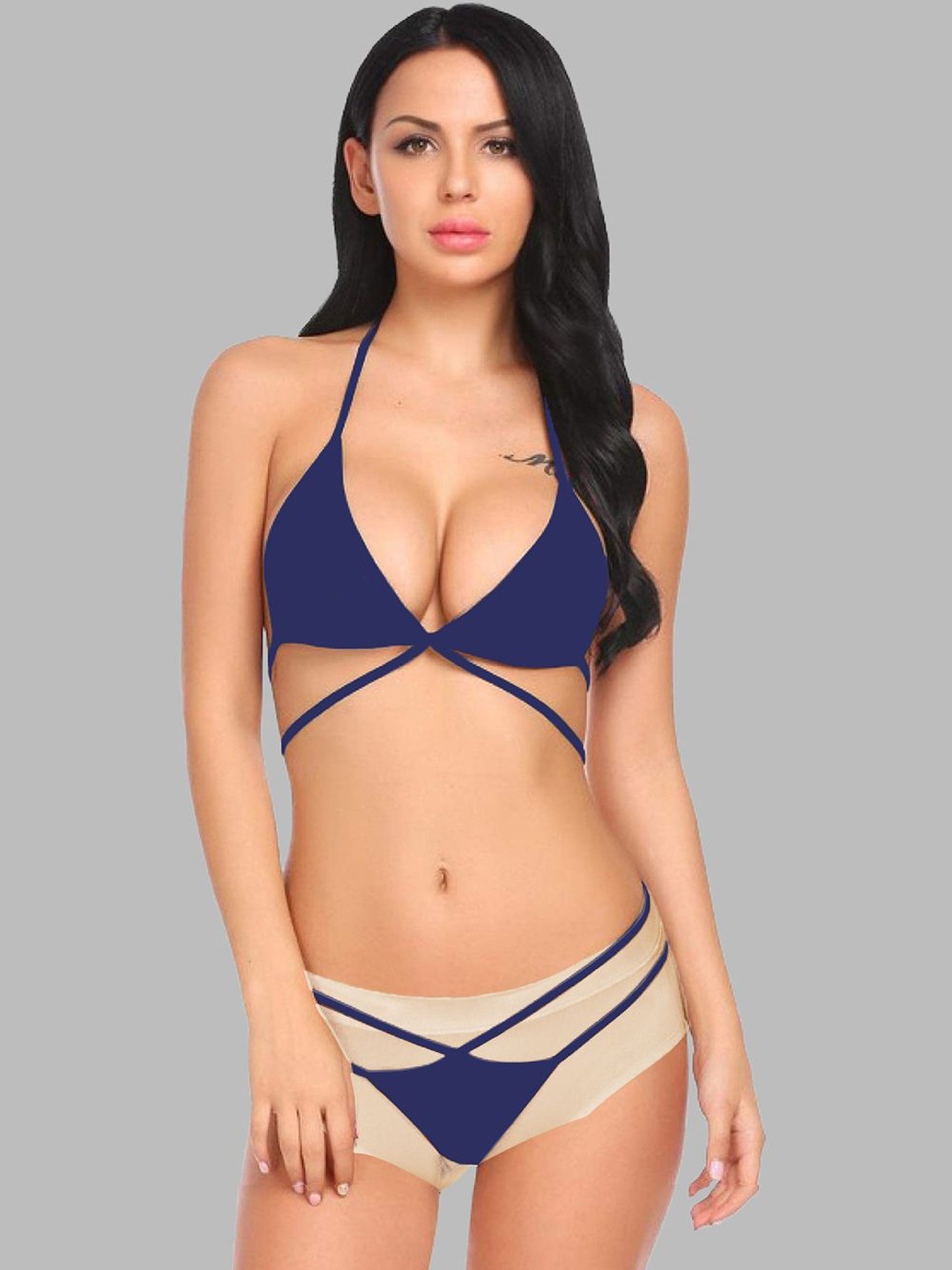

KRENOZ Halter Neck Non Padded Bra & Panty Lingerie Set BK-8-NAVY-P1, Navy blue