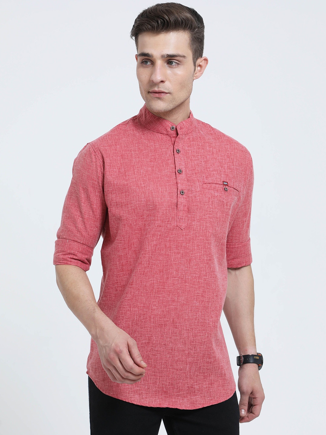 

Rope Mandarin Collar Pure Cotton Straight Kurta, Red