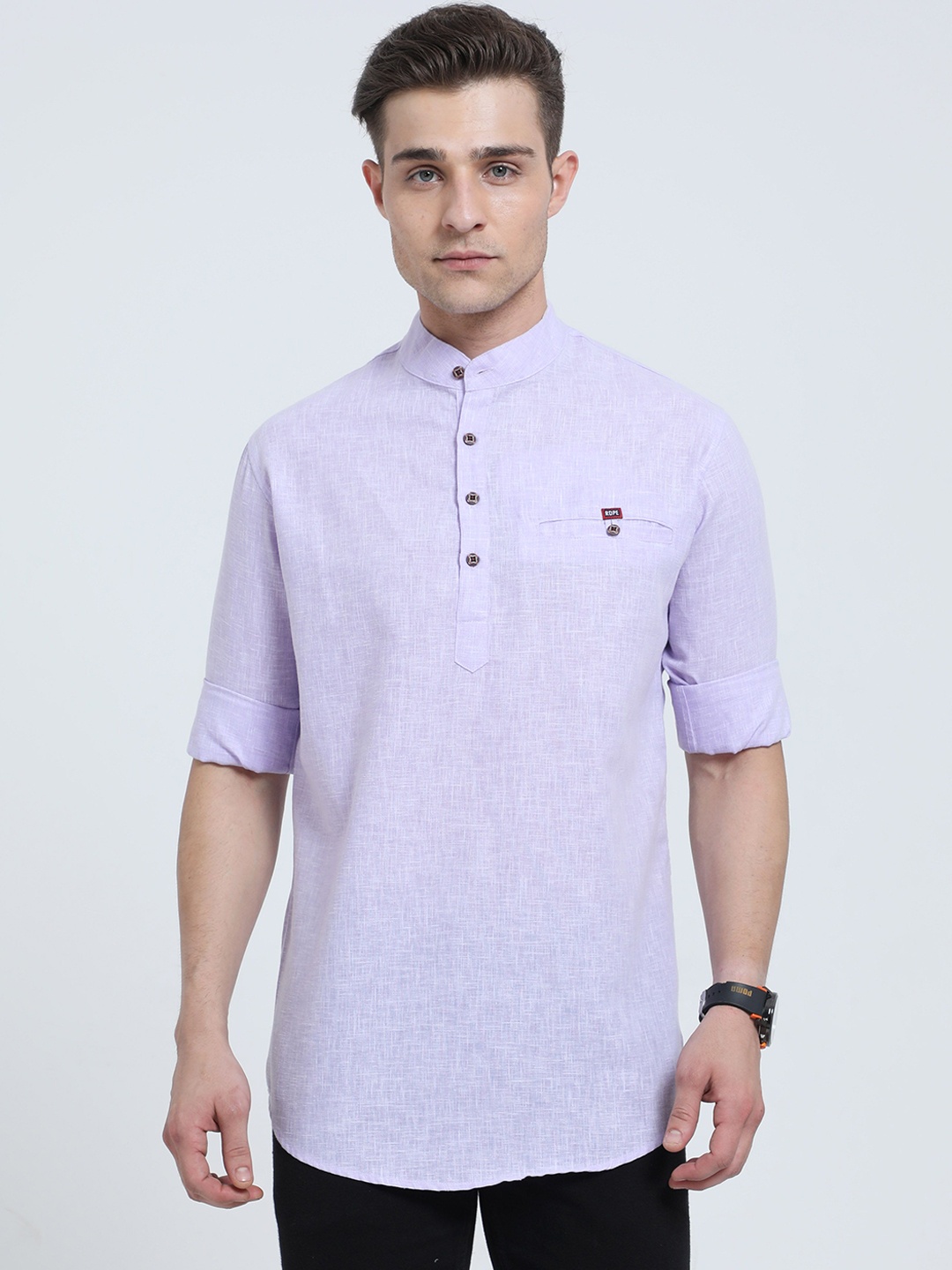 

Rope Mandarin Collar Pure Cotton Straight Kurta, Purple