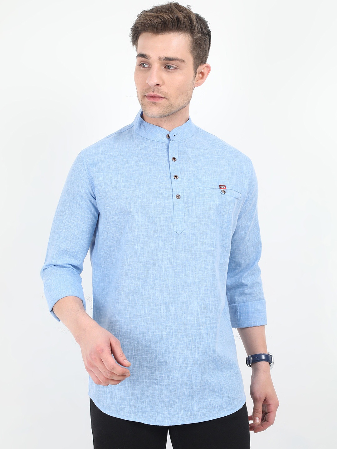 

Rope Mandarin Collar Pure Cotton Straight Kurta, Turquoise blue