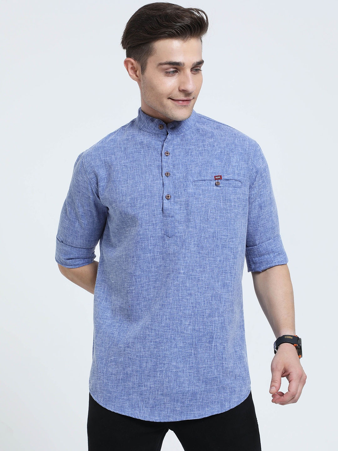 

Rope Mandarin Collar Pure Cotton Straight Kurta, Blue
