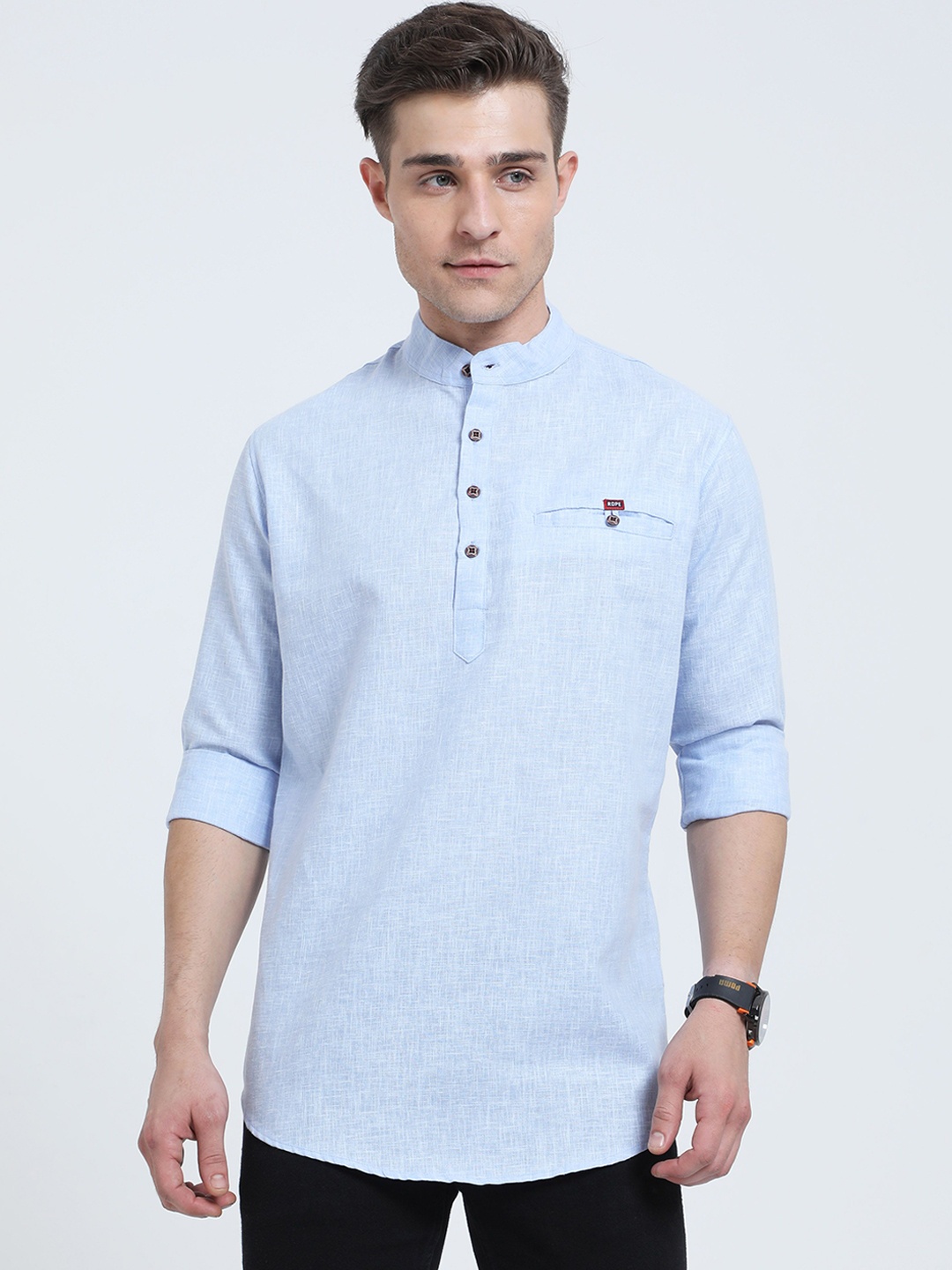 

Rope Mandarin Collar Pure Cotton Straight Kurta, Turquoise blue