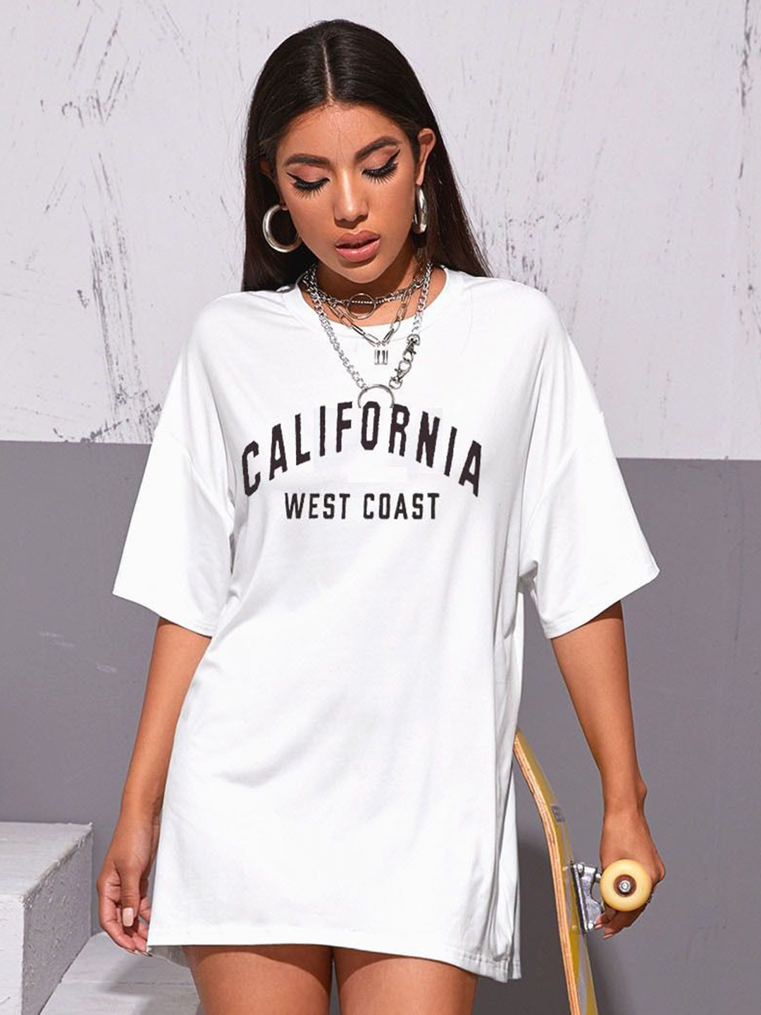 

TRENDY RABBIT Women People and Places Printed Round Neck Cotton Oversized T-shirt, White