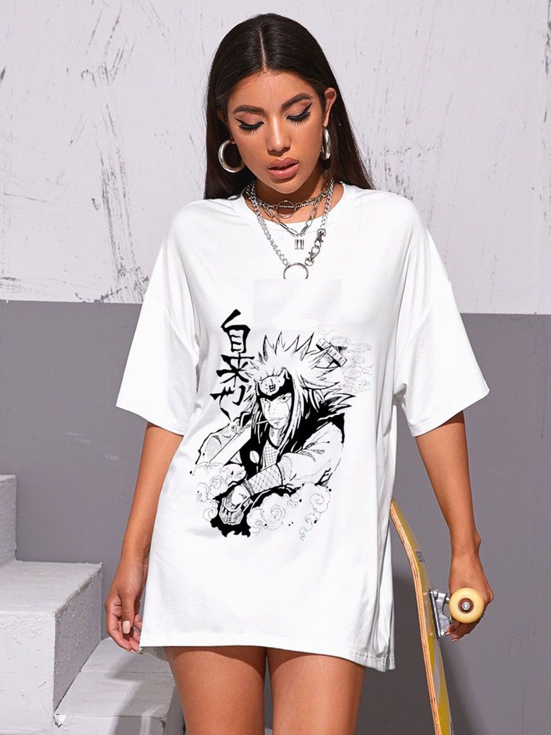 

TRENDY RABBIT Women Graphic Printed Round Neck Cotton Oversized T-shirt, White