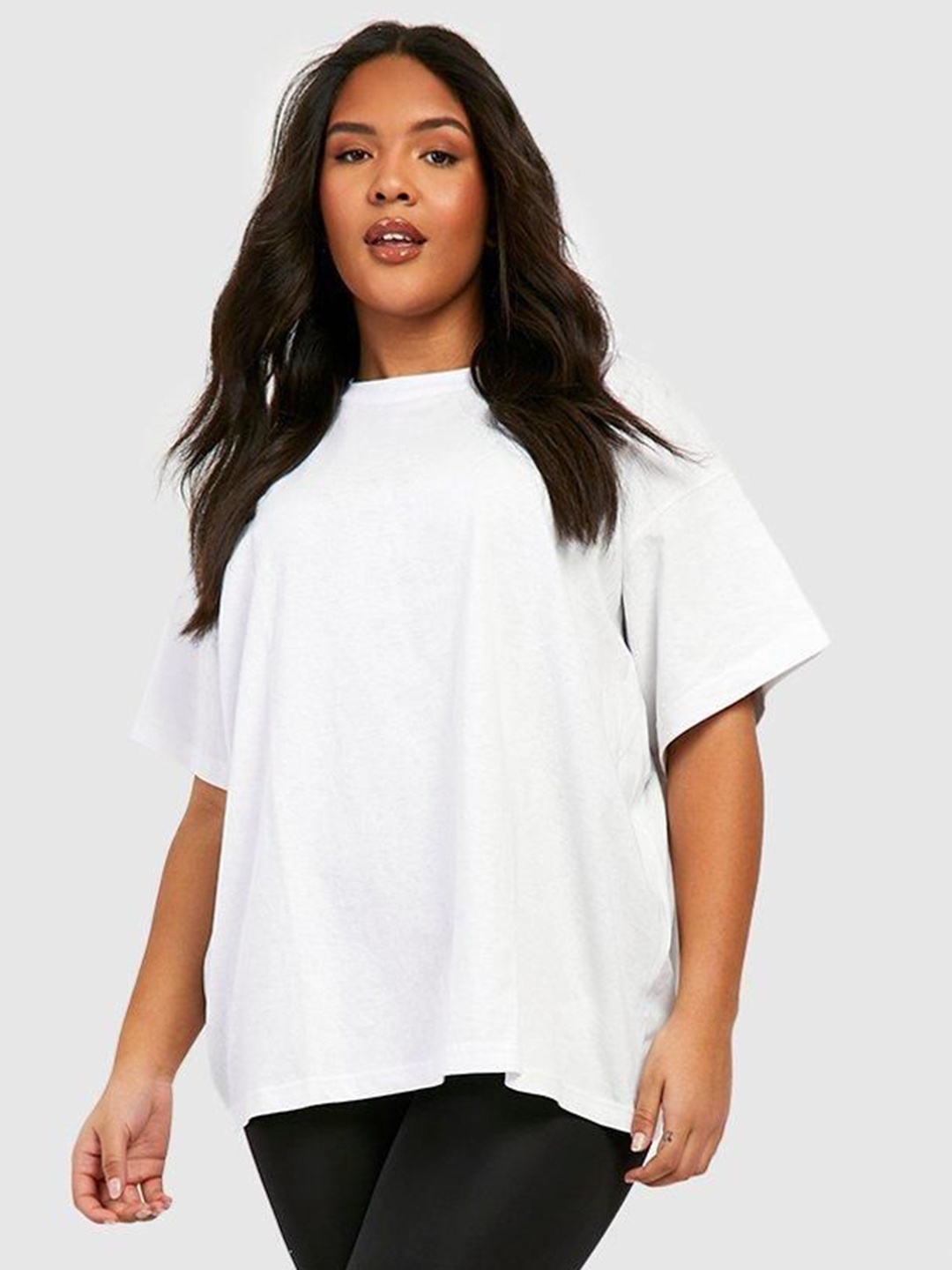 

TRENDY RABBIT Women Solid Round Neck Cotton Oversized T-shirt, White