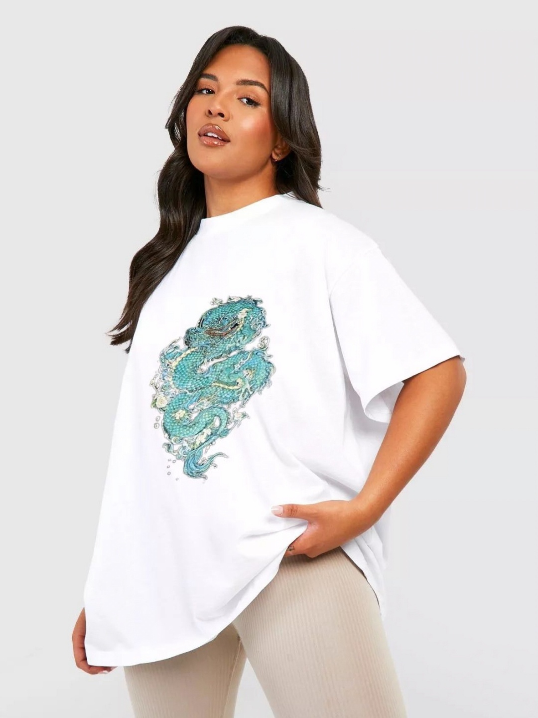 

TRENDY RABBIT Women Graphic Printed Round Neck Cotton Oversized T-shirt, White
