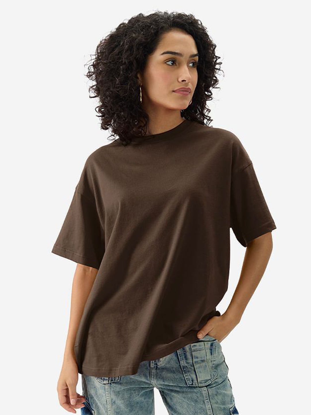 

TRENDY RABBIT Women Solid Round Neck Cotton Oversized T-shirt, Coffee brown