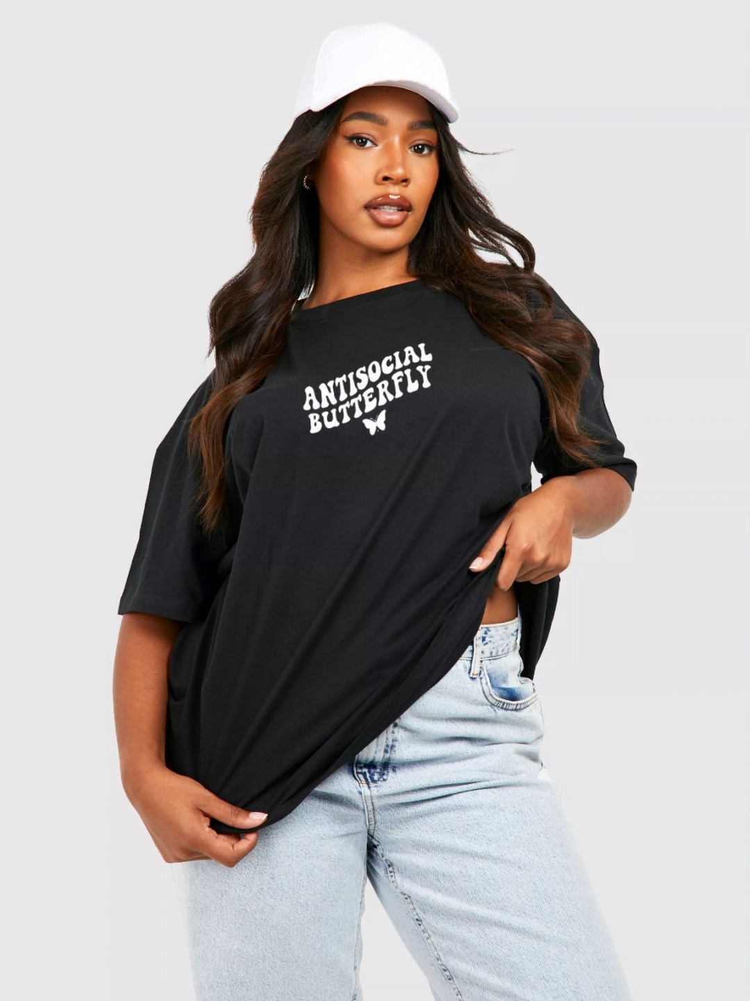 

TRENDY RABBIT Women Typography Printed Round Neck Cotton Oversized T-shirt, Black