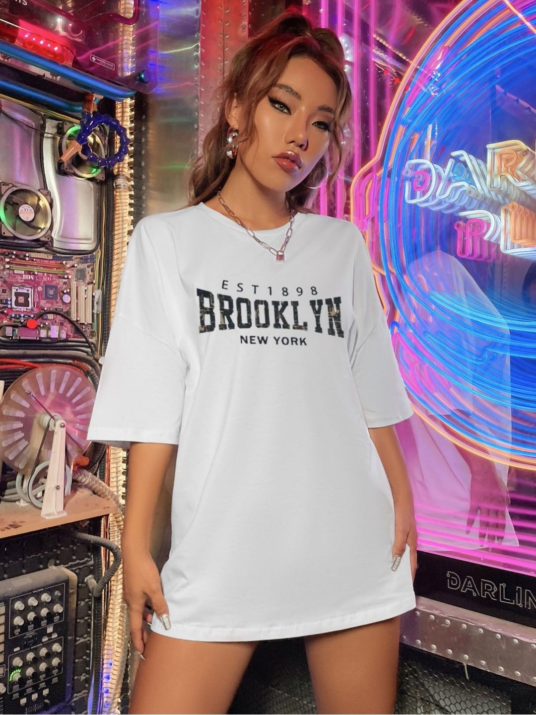 

TRENDY RABBIT Women Graphic Printed Round Neck Cotton Oversized T-shirt, White
