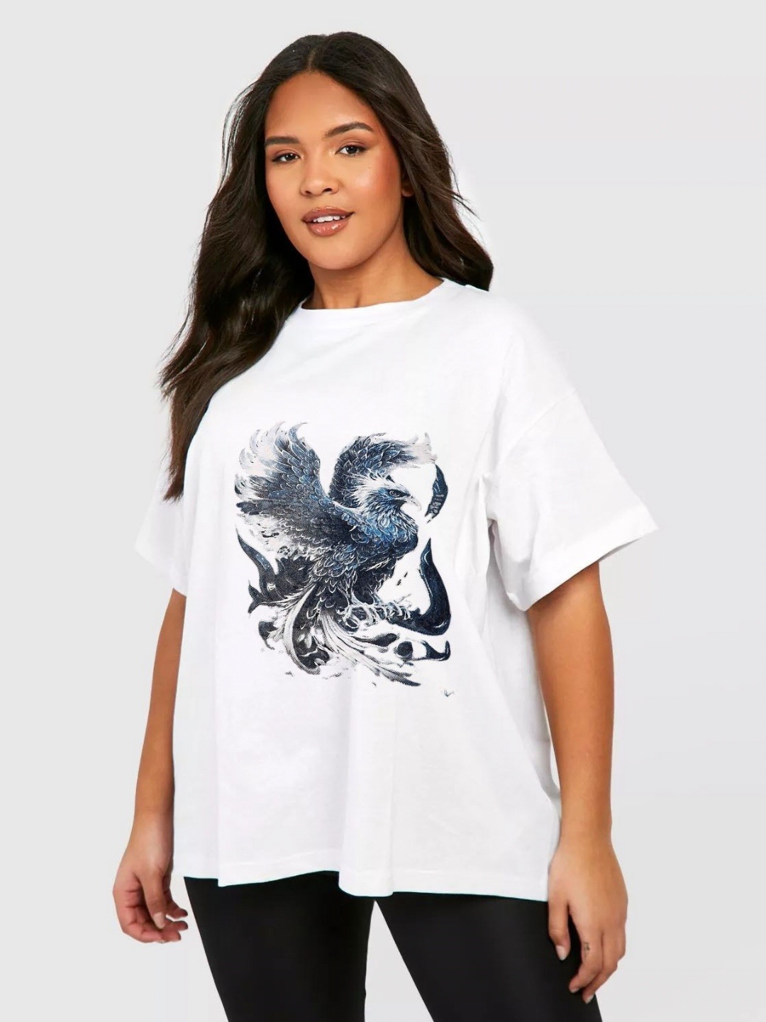 

TRENDY RABBIT Women Graphic Printed Round Neck Cotton Oversized T-shirt, White