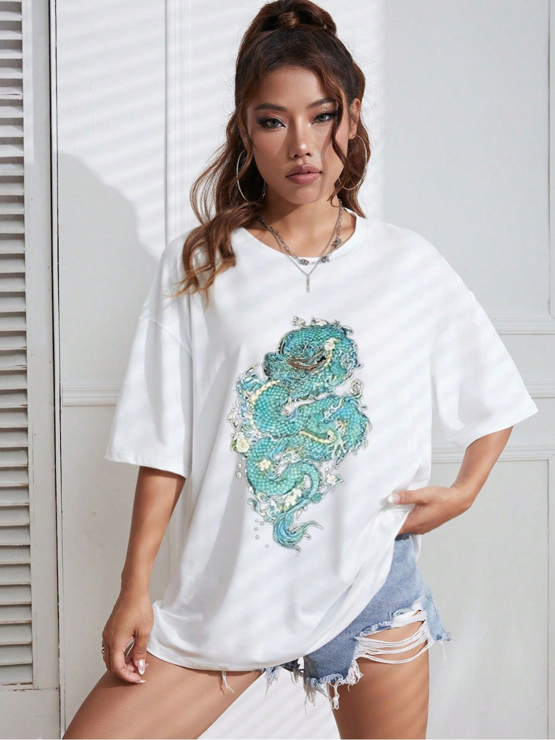 

TRENDY RABBIT Women Graphic Printed Round Neck Cotton Oversized T-shirt, White