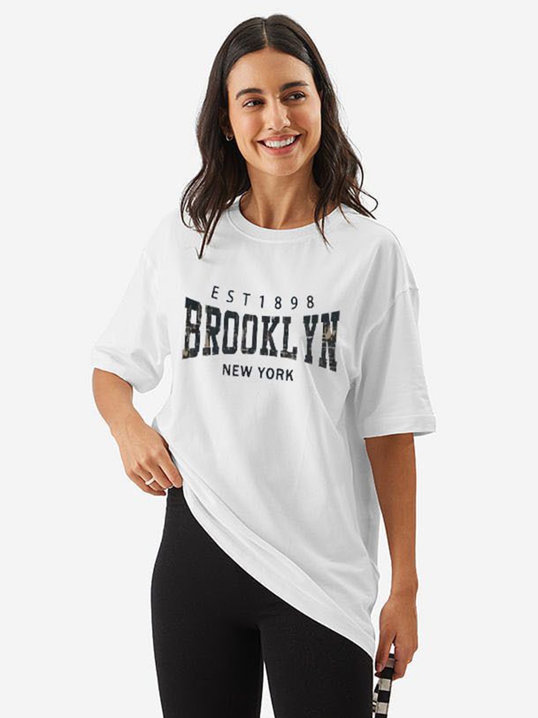 

TRENDY RABBIT Women Typography Printed Drop-Shoulder Sleeves Applique T-shirt, White